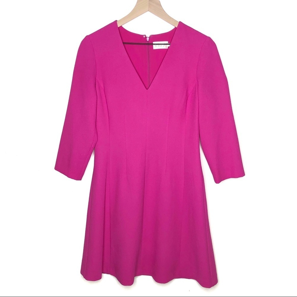 Eliza J Fit Flare Dress Fuchsia Pink V Neck 3/4 Sleeve Cocktail Party 8